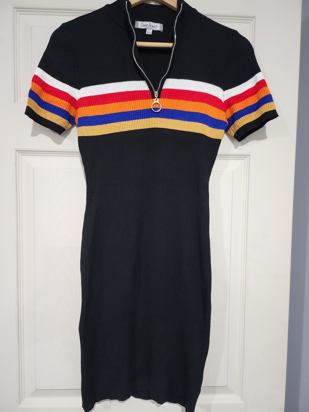 1015. Black Ribbed Knit Dress with Multi-Color Stripes